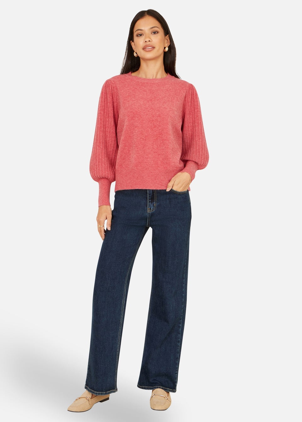 Yumi Pink Knitted Balloon Sleeve Jumper