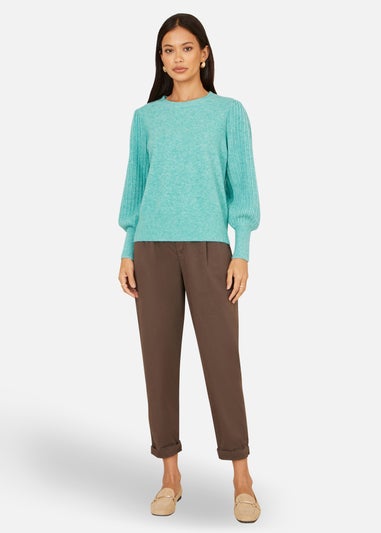 Yumi Sea Green Knitted Balloon Sleeve TextuSea Green Jumper