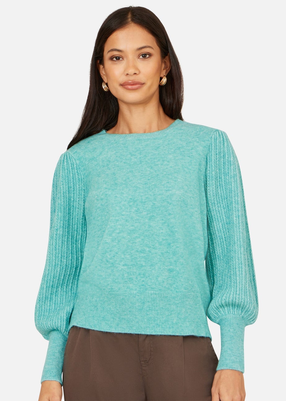 Yumi Sea Green Knitted Balloon Sleeve TextuSea Green Jumper