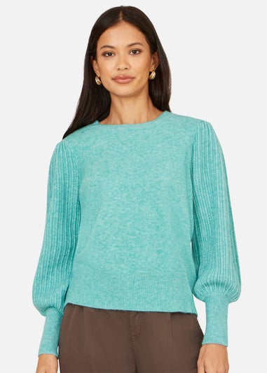 Yumi Sea Green Knitted Balloon Sleeve TextuSea Green Jumper