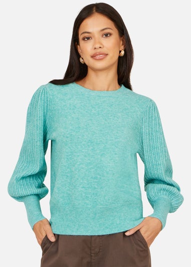 Yumi Sea Green Knitted Balloon Sleeve TextuSea Green Jumper