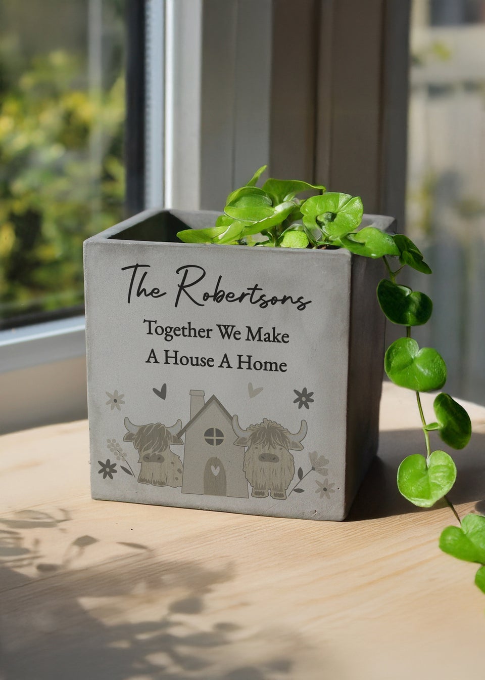 Personalised Memento Company Highland Cow Concrete Plant Pot Grey