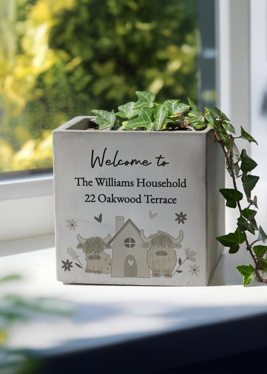 Personalised Memento Company Highland Cow Concrete Plant Pot Grey