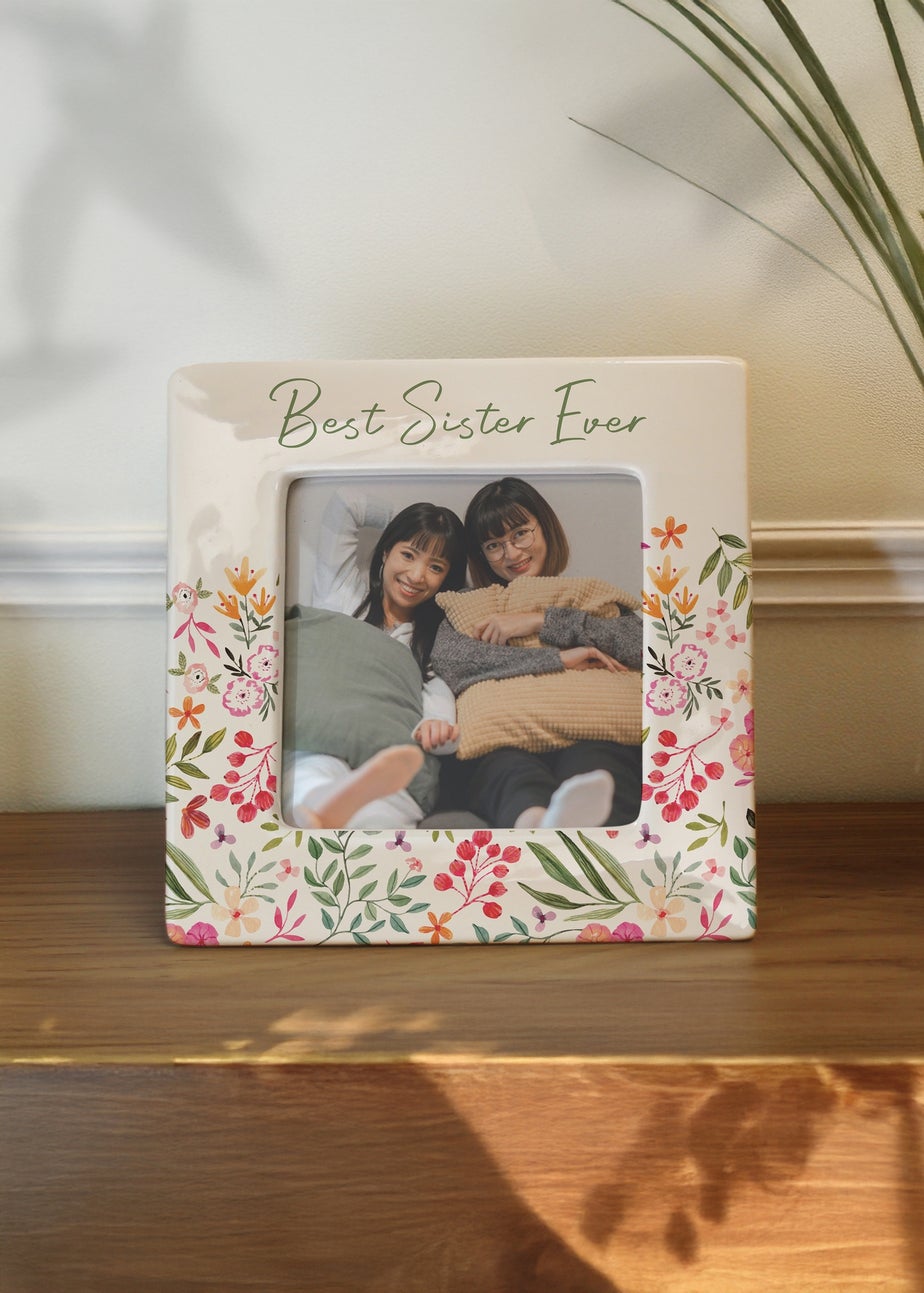 Personalised Memento Company Floral Ceramic 4x4 Frame Cream