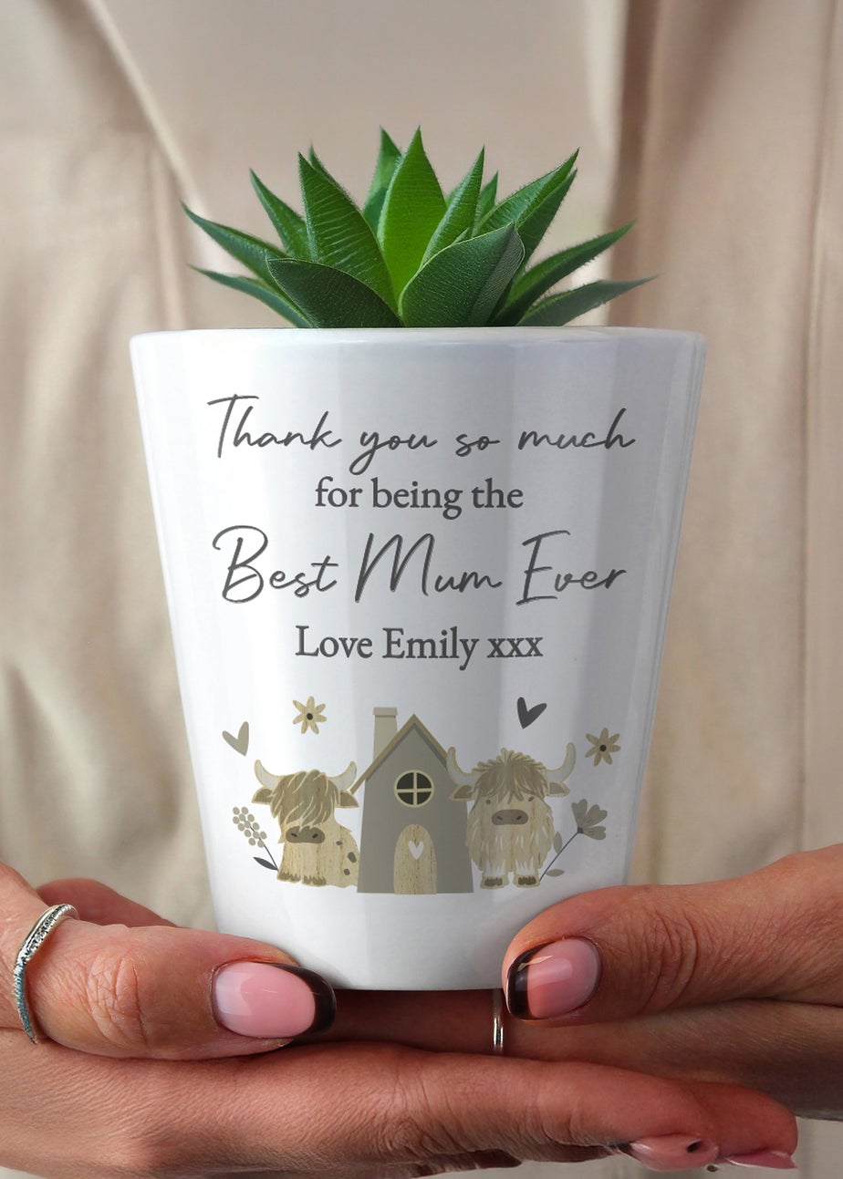 Personalised Memento Company Highland Cow Plant Pot White