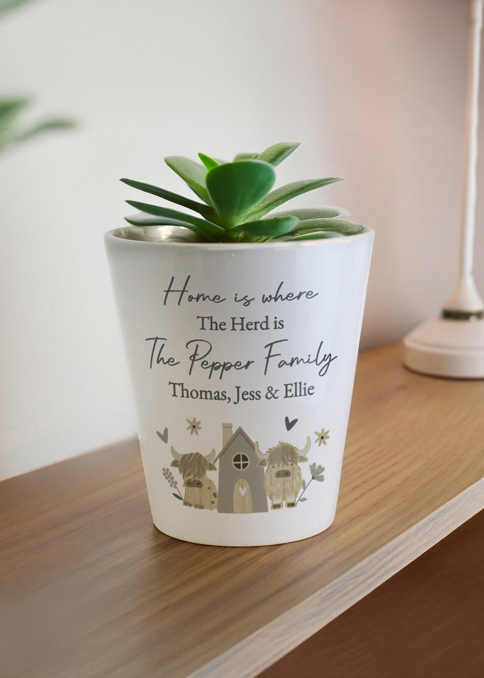 Personalised Memento Company Highland Cow Plant Pot White