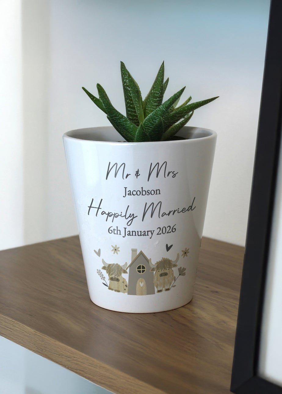 Personalised Memento Company Highland Cow Plant Pot White