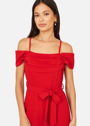 Yumi Red Stretch Bardot Jumpsuit