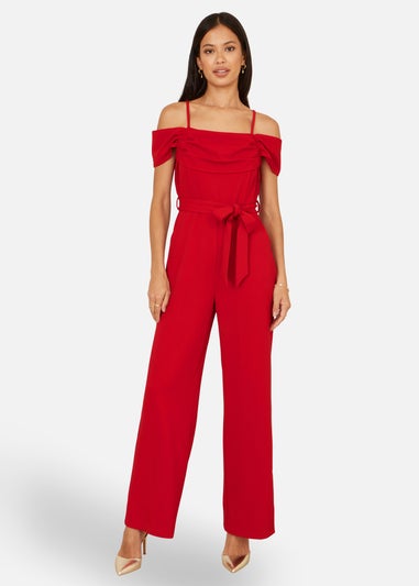 Yumi Red Stretch Bardot Jumpsuit