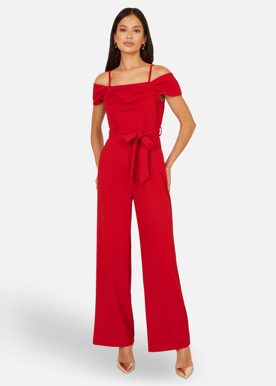 Yumi Red Stretch Bardot Jumpsuit