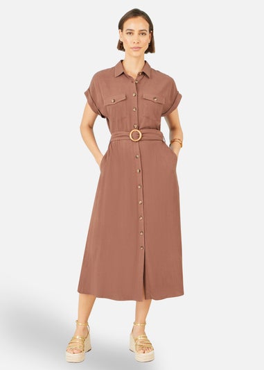 Yumi Brown Viscose Linen Look Midi Shirt Dress With Wooden Belt