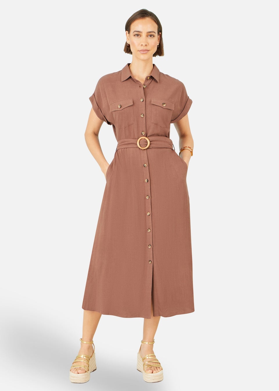 Yumi Brown Viscose Linen Look Midi Shirt Dress With Wooden Belt