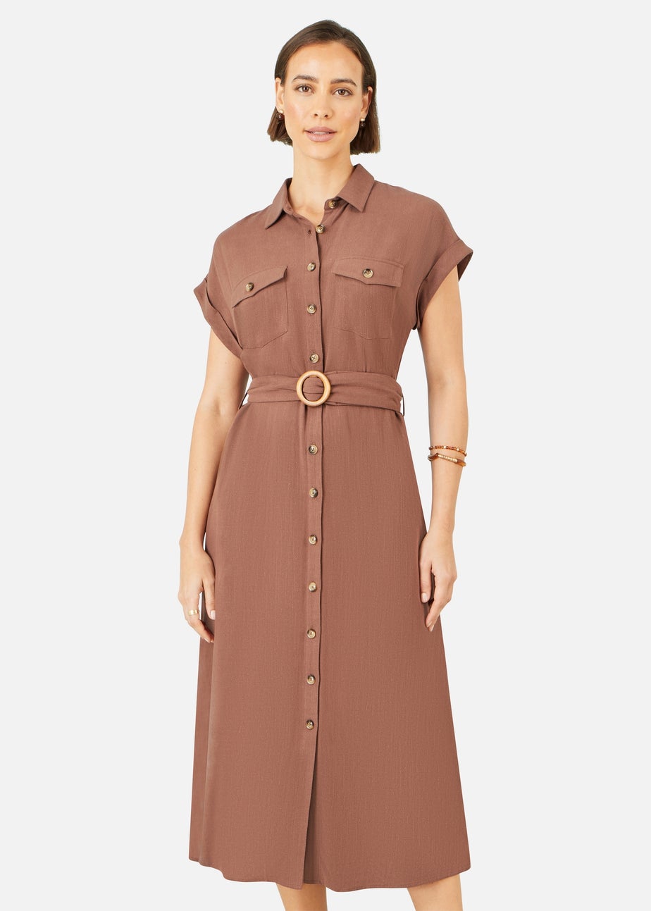 Yumi Brown Viscose Linen Look Midi Shirt Dress With Wooden Belt