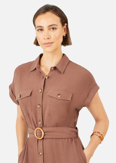 Yumi Brown Viscose Linen Look Midi Shirt Dress With Wooden Belt