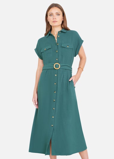 Yumi Green Viscose Linen Look Midi Shirt Dress With Wooden Belt