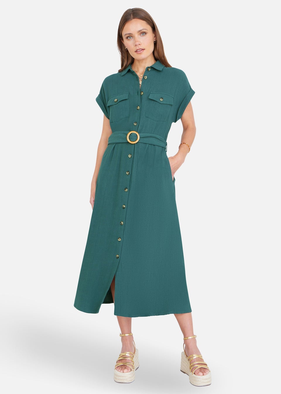 Yumi Green Viscose Linen Look Midi Shirt Dress With Wooden Belt