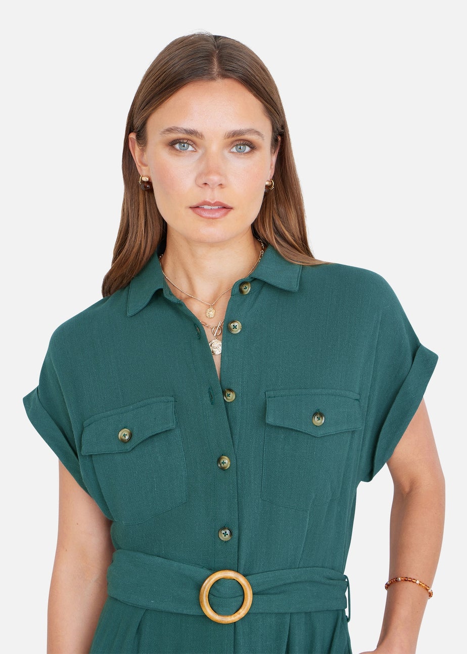 Yumi Green Viscose Linen Look Midi Shirt Dress With Wooden Belt