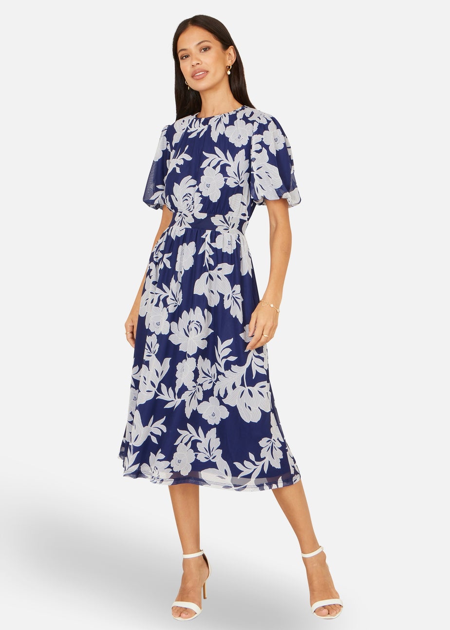 Yumi Navy Flower Stretch Mesh Midi Dress With Angel Sleeves