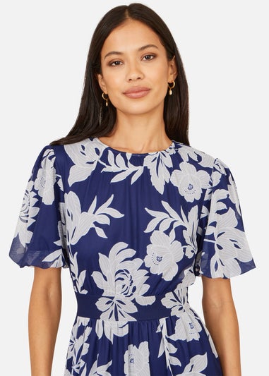 Yumi Navy Flower Stretch Mesh Midi Dress With Angel Sleeves