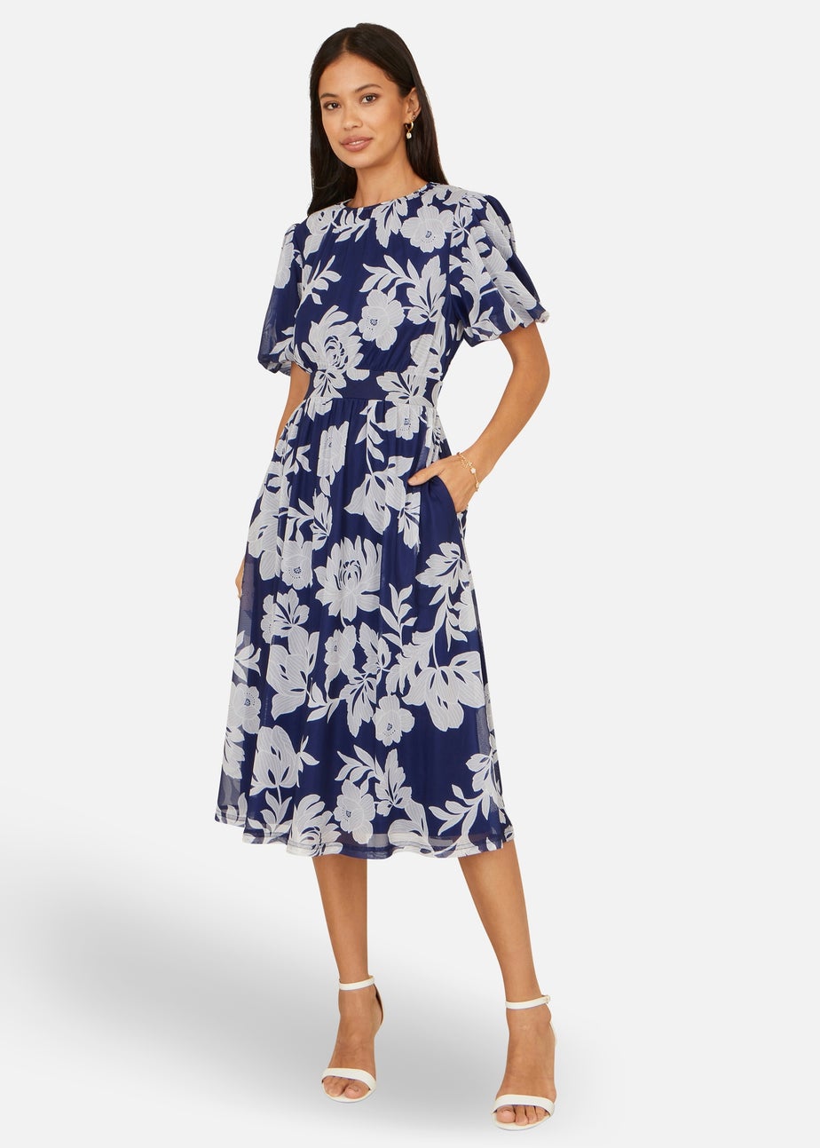 Yumi Navy Flower Stretch Mesh Midi Dress With Angel Sleeves