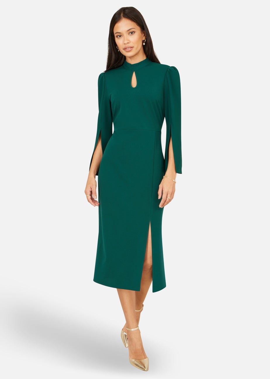 Yumi Green Fitted Midi Dress With Flute Sleeves