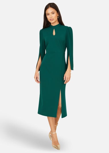 Yumi Green Fitted Midi Dress With Flute Sleeves