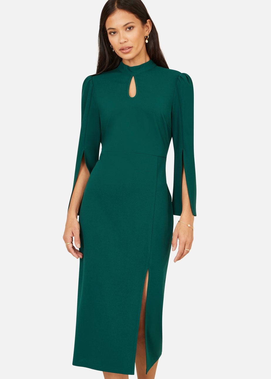 Yumi Green Fitted Midi Dress With Flute Sleeves