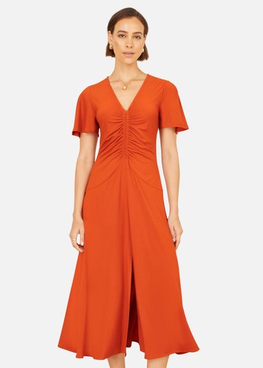 Yumi Orange Ruched Front Stretch Midi Dress