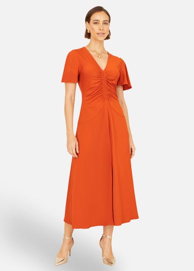 Yumi Orange Ruched Front Stretch Midi Dress