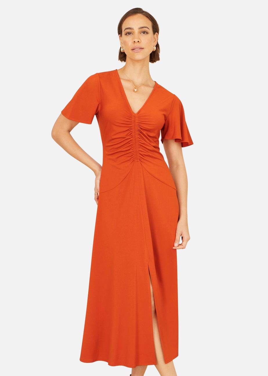 Yumi Orange Ruched Front Stretch Midi Dress