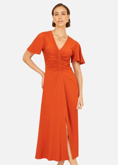 Yumi Orange Ruched Front Stretch Midi Dress