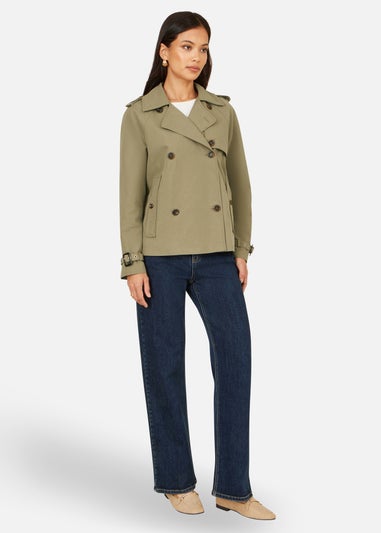 Yumi Green Cropped Trench Jacket With Pockets & Check Lining
