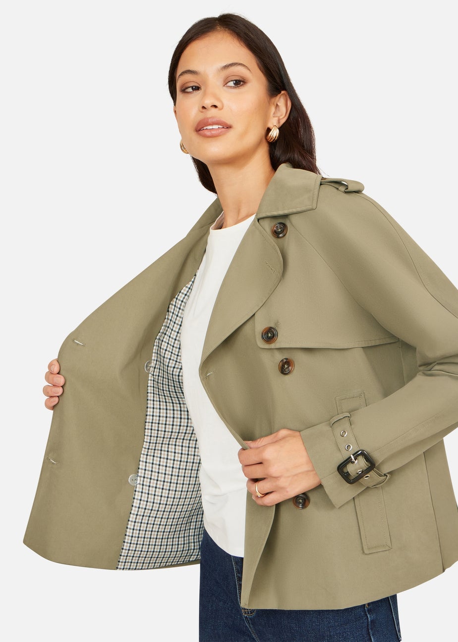 Yumi Green Cropped Trench Jacket With Pockets & Check Lining