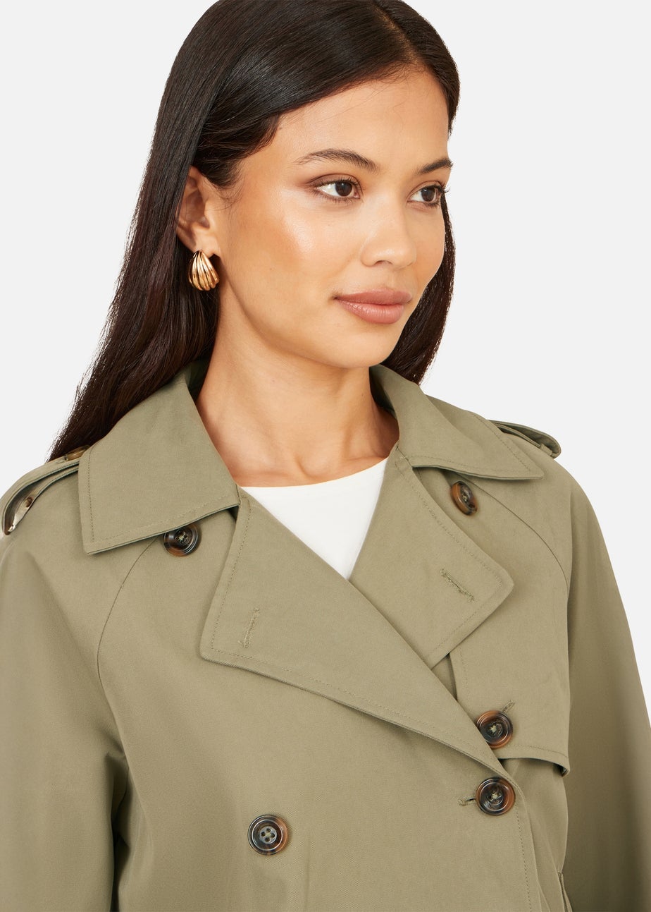Yumi Green Cropped Trench Jacket With Pockets & Check Lining