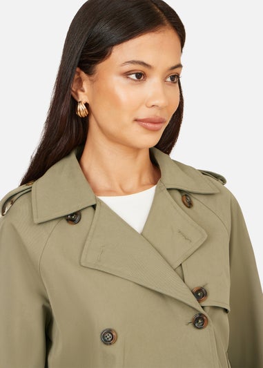 Yumi Green Cropped Trench Jacket With Pockets & Check Lining
