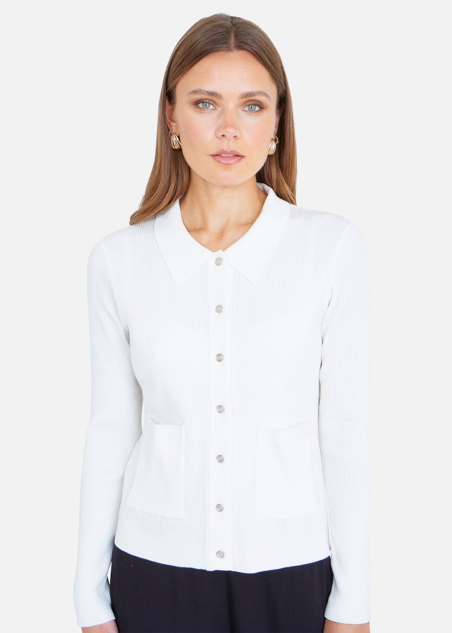 Yumi Ivory Ribbed Collar Button Up Cardigan
