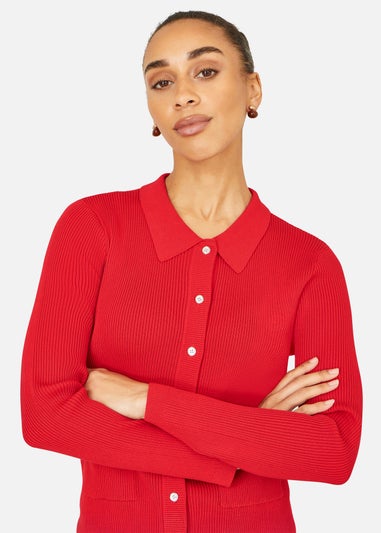Yumi Red Ribbed Collar Button Up Cardigan