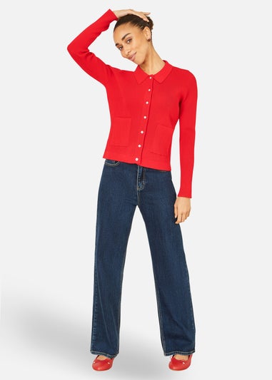 Yumi Red Ribbed Collar Button Up Cardigan