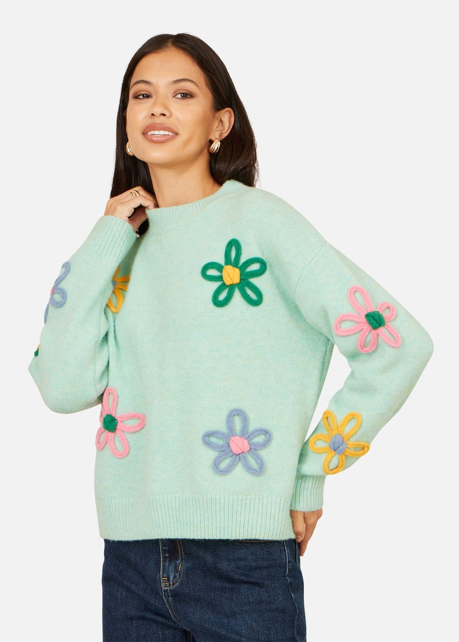 Yumi Green Relaxed Flower Embroidered Jumper