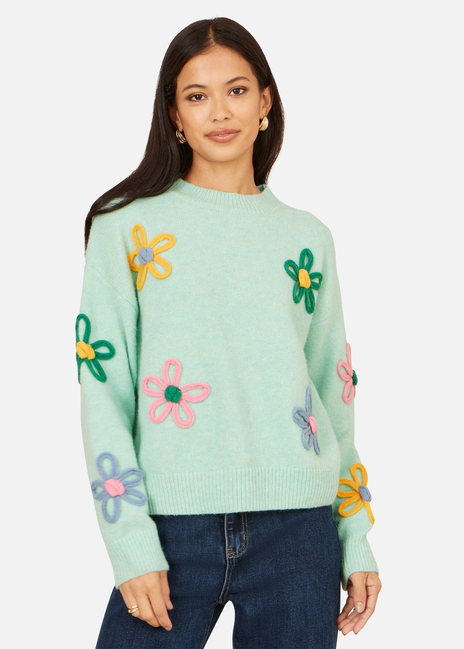Yumi Green Relaxed Flower Embroidered Jumper