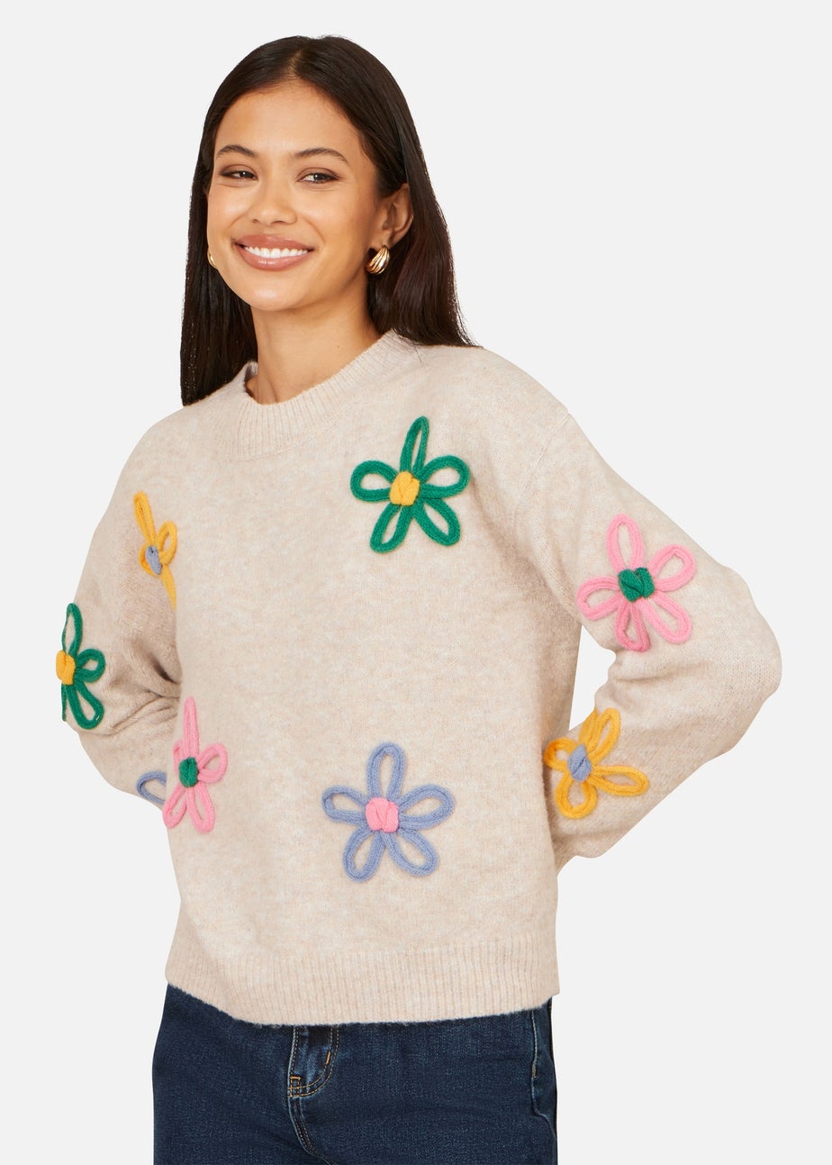 Yumi Oatmeal Relaxed Flower Embroidered Jumper