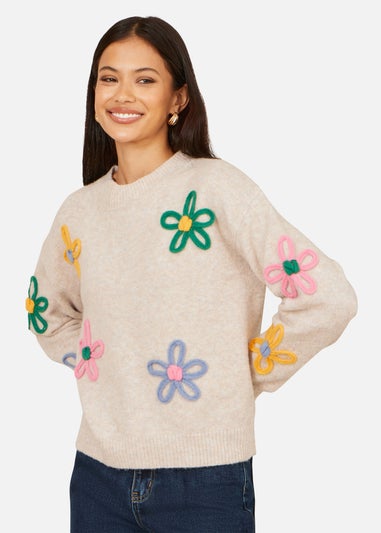 Yumi Oatmeal Relaxed Flower Embroidered Jumper
