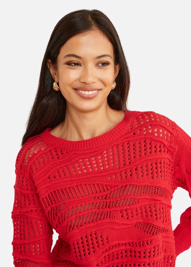 Yumi Red Wave Pointelle Knitted Jumper