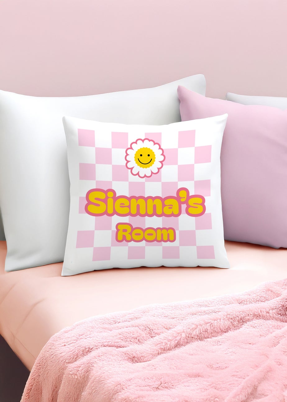 Personalised Memento Company Pink Check Childrens Bedroom Cushion