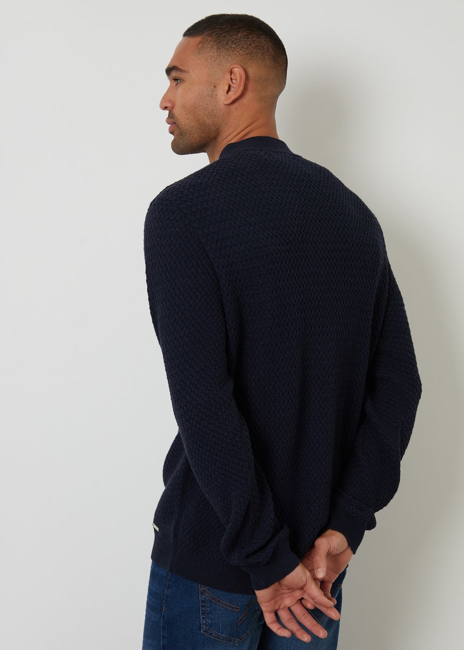 Threadbare Navy Basket Stitch V-neck Cardigan