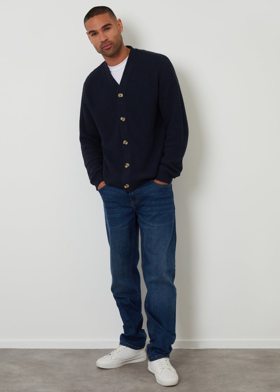 Threadbare Navy Basket Stitch V-neck Cardigan