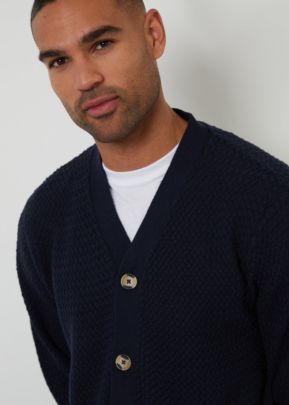 Threadbare Navy Basket Stitch V-neck Cardigan