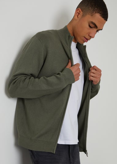 Threadbare Green Zip-Through Funnel Neck Knitted Cardigan