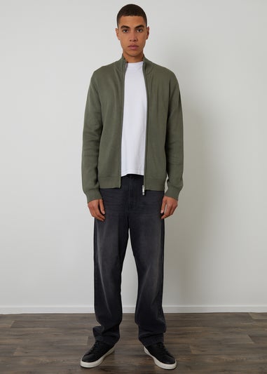 Threadbare Green Zip-Through Funnel Neck Knitted Cardigan
