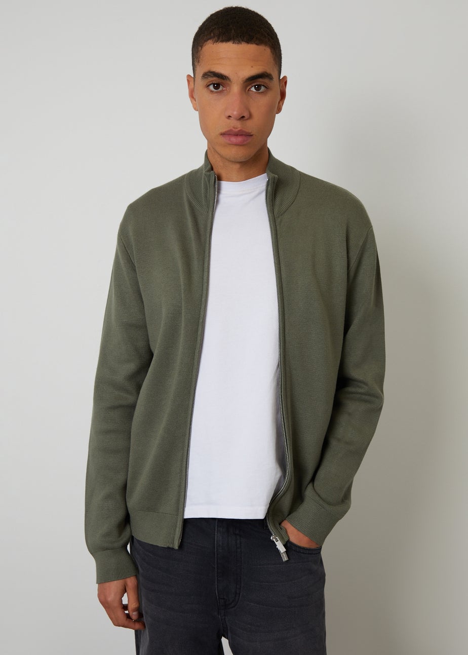 Threadbare Green Zip-Through Funnel Neck Knitted Cardigan